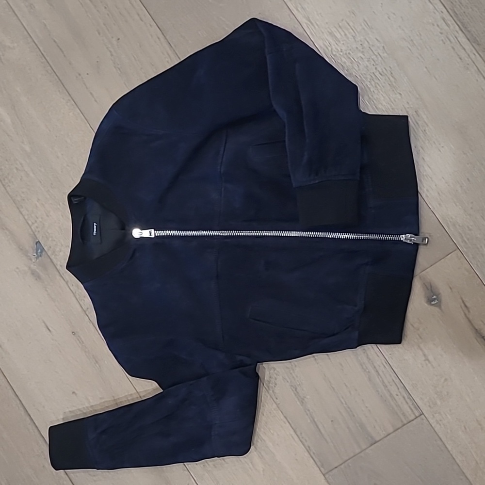Theory Navy Suede Bomber Jacket